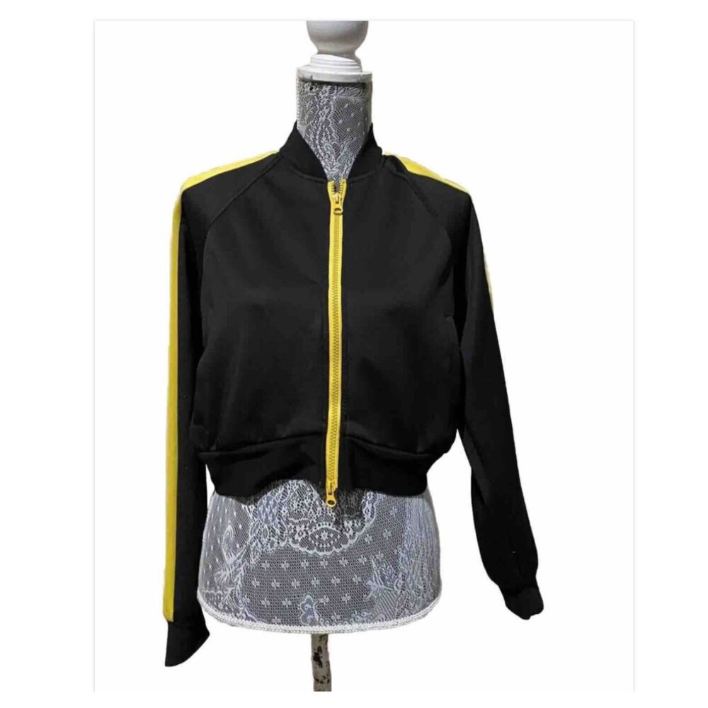 Fashion Nova Black Track Jacket M Striped Sleeve Cropped Zip Up Womens Athletic - Picture 12 of 13